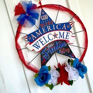 Patriotic 14” DOOR WREATH “God Bless America” Red, White & Blue.